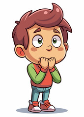 Worried kid facial expression, anxious child cartoon face, sad young boy with nervous look, stressed little kid isolated on white background, vector illustration.