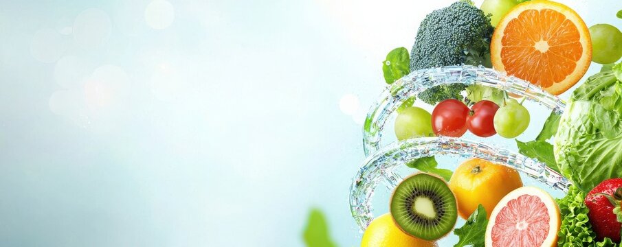 Colorful cartoon-style organic fruits and vegetables forming a bda fresh market graphic design vibrant setting eye-level view healthy living