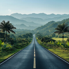 Scenic Road Through Lush Green Mountains. Travel and Adventure Concept