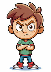  Angry child with crossed arms and furrowed brows, expressing frustration, Annoyed toddler showing displeasure in cartoon vector illustration.