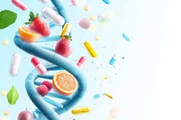 Colorful dna helix with fruits and capsules laboratory setting digital art clean background concept of health and nutrition