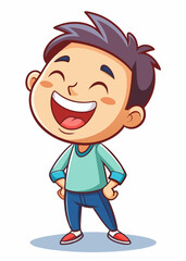 Laughing happy kid leaning back with hands on stomach, eyes closed in joy. Cheerful child enjoying a funny moment, feeling carefree and delighted.
