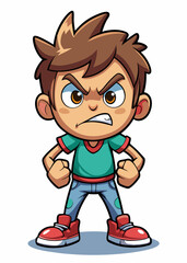  Frustrated young child stomping foot in anger, clenching fists with furrowed brows. Upset kid expressing emotions through body language, isolated vector illustration.