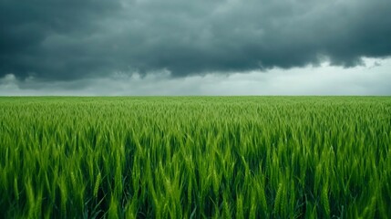Obraz premium Lush Green Field Under Dramatic Stormy Skies with Powerful Contrast and Copy Space
