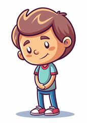 Shy child with hands behind back, looking down with a small bashful smile. Cute introverted kid feeling timid and reserved, expressing quiet confidence.
