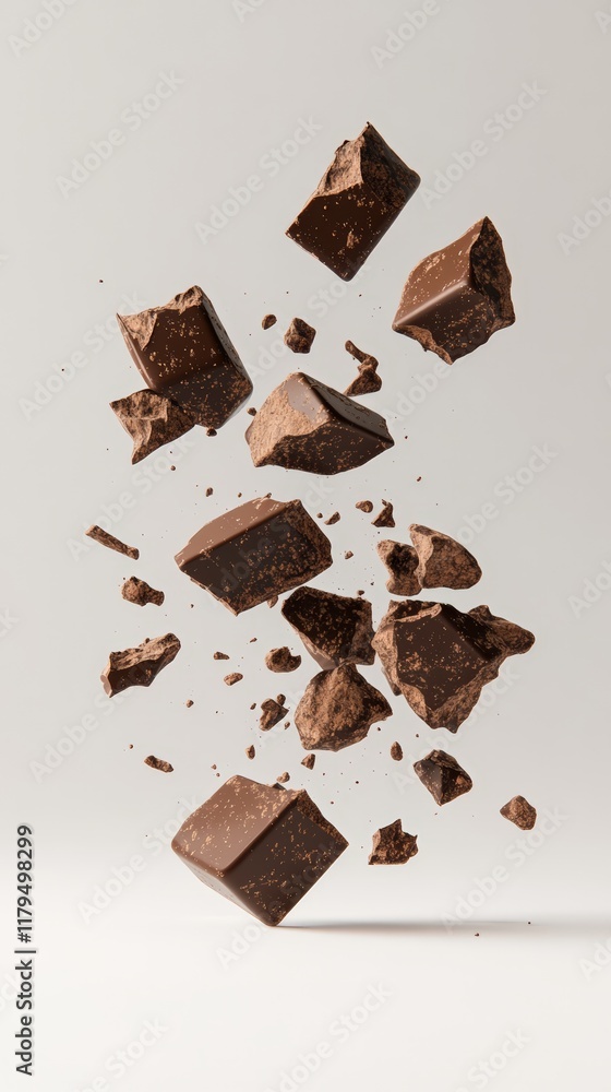 Aufkleber Many dark chocolate chunks of different sizes are exploding and levitating on a minimal white background, creating a visually appealing composition
