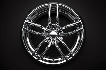 Obraz premium Close-up view of a chrome alloy wheel rim gleaming against a black background, highlighting the intricate design and polished reflective surface that exudes luxury and performance