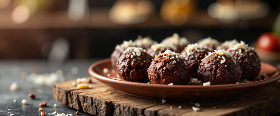 Delicious brigadeiros topped with coconut flakes on rustic plate, indulgence