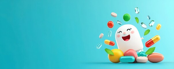 Obraz premium Colorful vitamins transforming into energy and wellness bright studio environment fun illustration playful concept