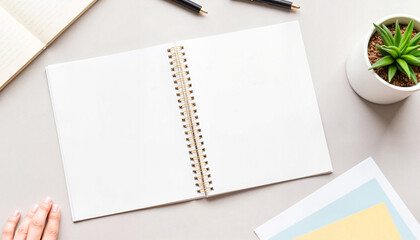 Blank spiral notebook and plant in creative workspace, inspiration