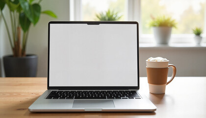 Modern workspace with blank laptop and coffee cup, creative ambiance