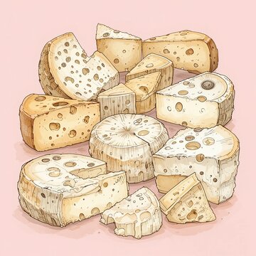 watercolor cheese assortment on pink background clip art preview