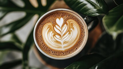 Overhead view of a latte with leaf art in a dark grey mug surrounded by green leaves.