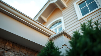 Close-up view of a house's exterior, focusing on the cream-colored gutters, stonework, and a section of light beige siding.  Part of a window and evergreen shrubbery are visible.