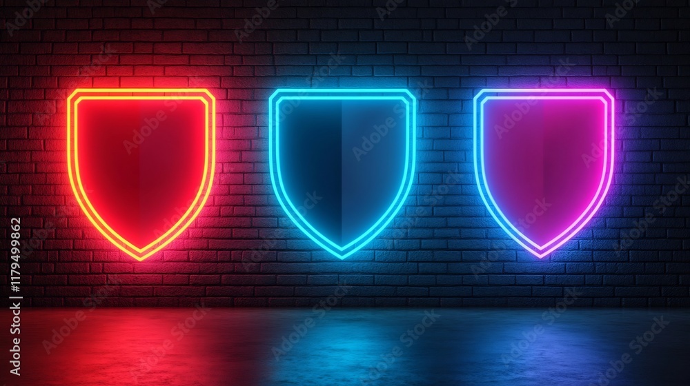 Poster glowing neon shields merging with abstract technology on dark background