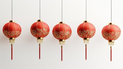 Five red decorative lanterns hanging, symbolizing celebration and culture.