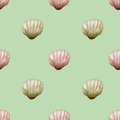 Seamless watercolor shell pattern on soft green fabric for textile design and wrapping