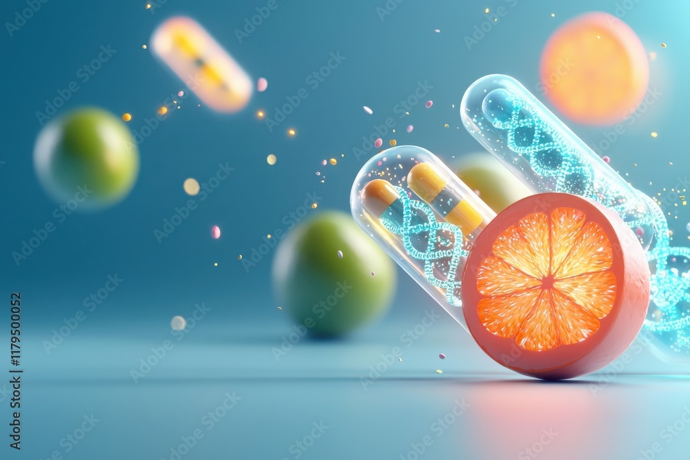 Poster whimsical capsules containing glowing dna strands and fruits laboratory setting digital art vibrant 
