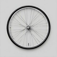 Fototapeta premium A minimalist bicycle wheel drawn with intricate spokes on a plain gray background. 