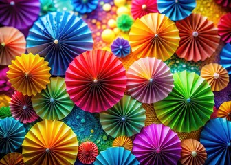 Bokeh-lit origami and vibrant paper crafts form a bright, abstract, handmade background perfect for festive DIY projects.