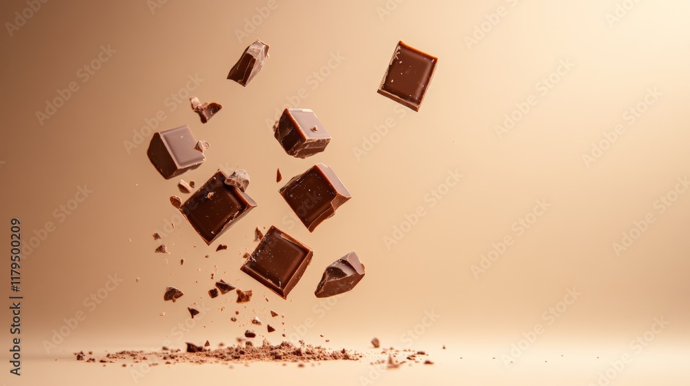 Aufkleber Several chocolate bar pieces are levitating and crumbling in the air, creating a visually appealing arrangement against a beige backdrop, with some chocolate powder scattered on the surface below