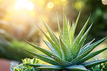 Fototapeta premium Aloe vera plant is growing under the sunlight, showcasing its vibrant green leaves and spiky edges, in a serene garden setting, ideal for natural remedies and skincare