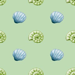 Seamless watercolor shell and spiral pattern on pastel green textile design