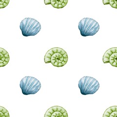 Beautiful seamless watercolor pattern featuring seashells and spiral shells