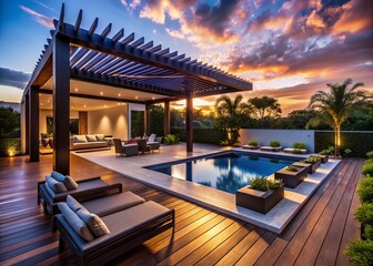 Fototapeta premium Dusk Luxury Poolside Oasis: Sleek Pergola, Teak Deck, Plush Lounge Furniture