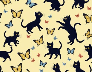 Charming Black Cats and Butterflies Seamless Pattern: Elegant Vector Illustration