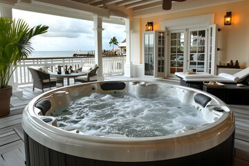 Luxury Hot Tub on Deck Overlooking Serene Ocean: Tropical Getaway Relaxation