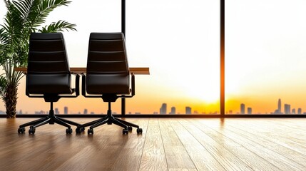 Fototapeta premium Modern Office Chairs with Sunset View in Urban Landscape