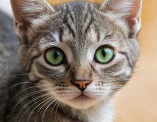 Obraz premium Close-Up Portrait of Adorable Gray Tabby Kitten with Striking Green Eyes