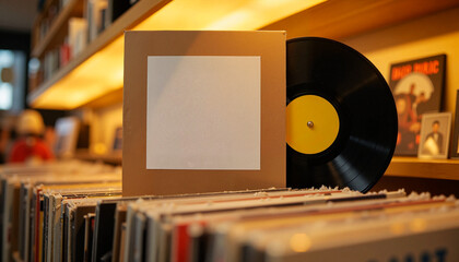 Vinyl record mockup in a retro store, nostalgic music experience