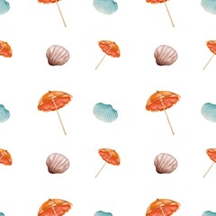 Seamless watercolor pattern featuring umbrellas and shells for textile design