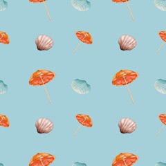 Colorful beach umbrella and shell pattern for textile design and wrapping paper