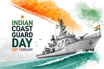 Indian Coast Guard Day: A Ship on Patrol, Protecting the Seas on February 1st. Coast Guard Day, Banner, Poster, Happy. Post. Story.