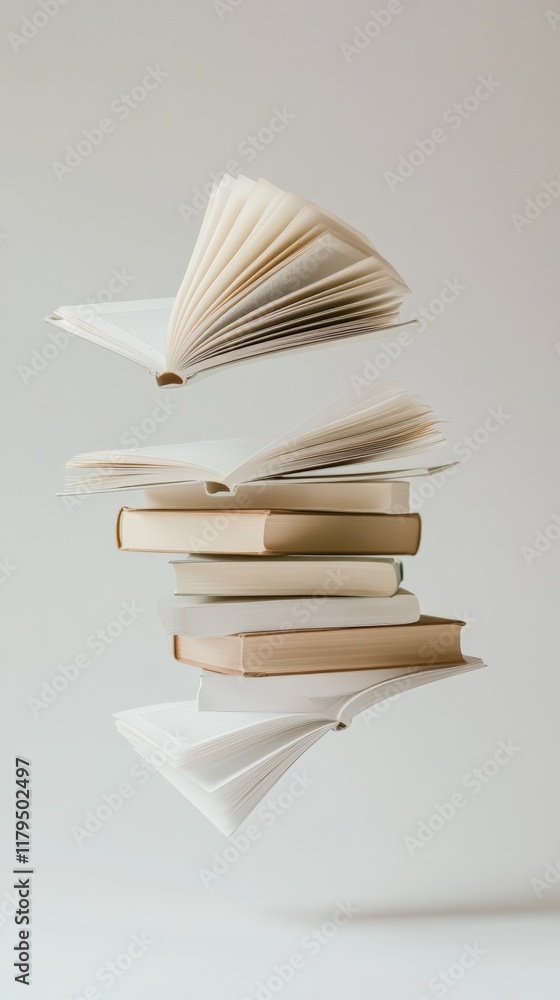Aufkleber Open and closed books are levitating on a plain background, creating a visually appealing composition that promotes the joy of reading and literature