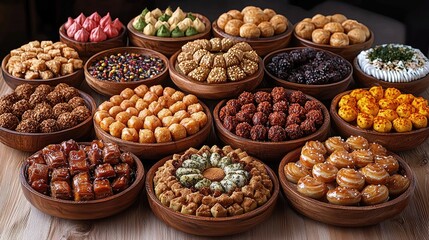 Colorful petit fours arranged in wooden bowls on a table for a dessert buffet.
