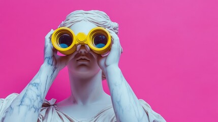 Marble Greek goddess holding bright yellow binoculars, set on a dynamic pink backdrop, blending classic beauty with quirky design