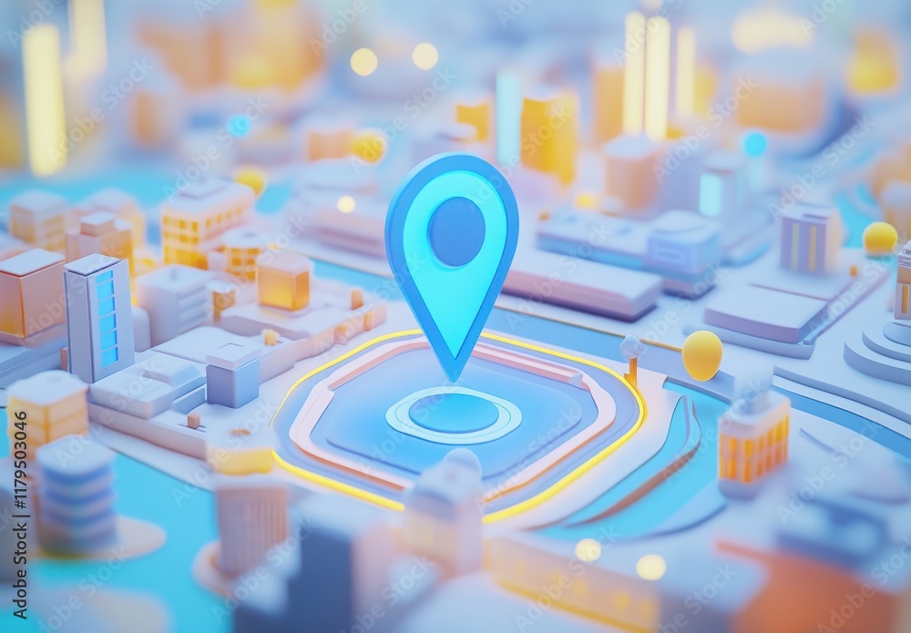 Poster a blue dot with a map of a city in the background. the dot is a gps point. google maps 3d