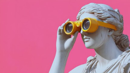 Marble statue of a Greek goddess gripping yellow binoculars, contrasting bold pink backdrop, anachronistic art style