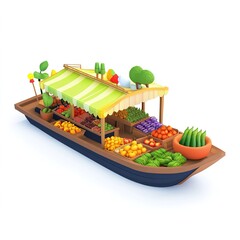  Thailand Floating Market 3D Cartoon Style Illustration &ndash; Traditional Thai Marketplace on Water, Cultural and Vibrant Scene, Local Crafts and Fresh Produce