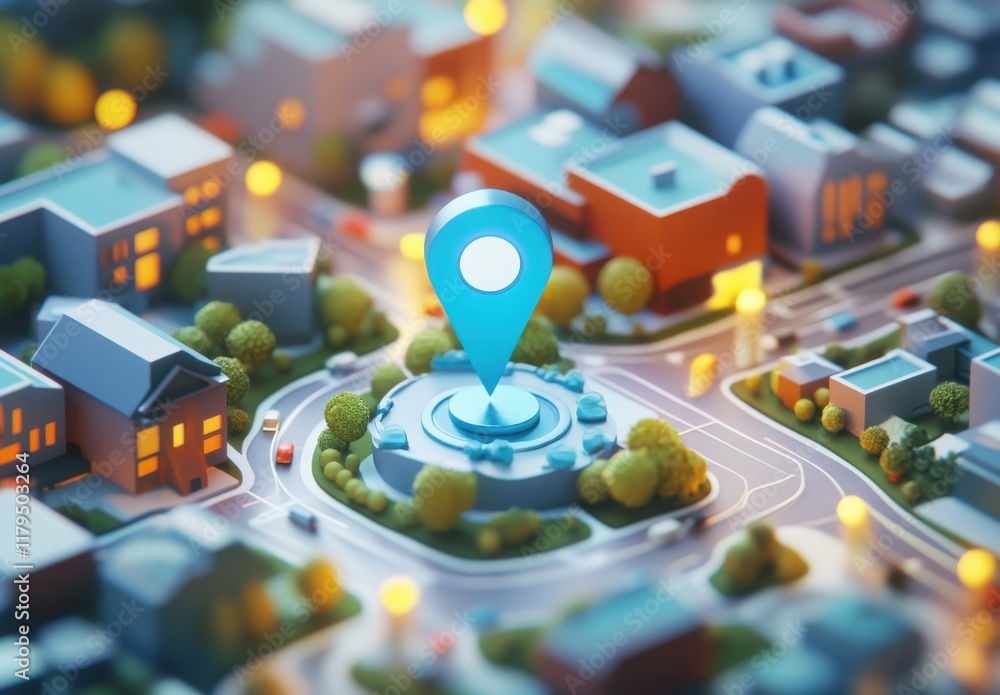 Aufkleber a blue dot on a city map that is labeled with a gps symbol. the image is a computer-generated render