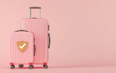 Pink luggage with a check mark on it. The luggage is placed on a pink background. The luggage is checked and ready for travel. Concept of travel and security