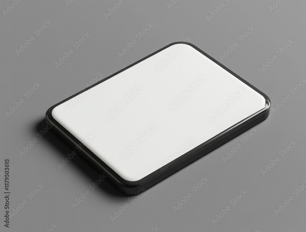Poster a white square with black borders sits on a grey surface. the square is empty and has no markings or