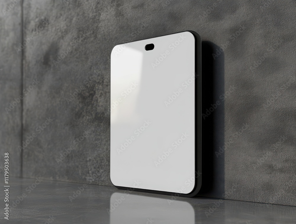 Poster a white square with a black border is sitting on a grey wall. the square is empty and has no writing