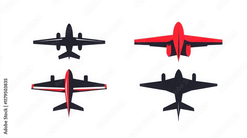 Poster four different airplane designs are shown in black and red. the planes are all different sizes and s