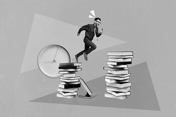 Creative collage image of mini black white gamma guy jumping running between two pile stack book...
