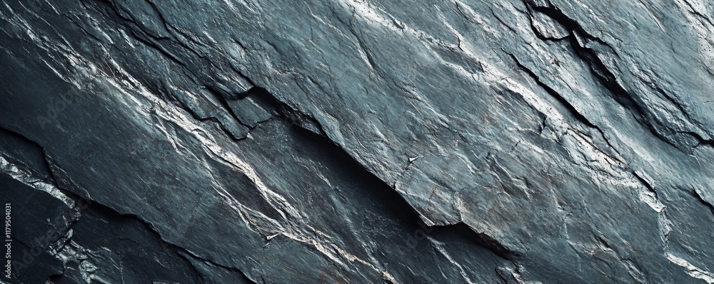 Poster Dark gray slate rock face showing diagonal lines and texture